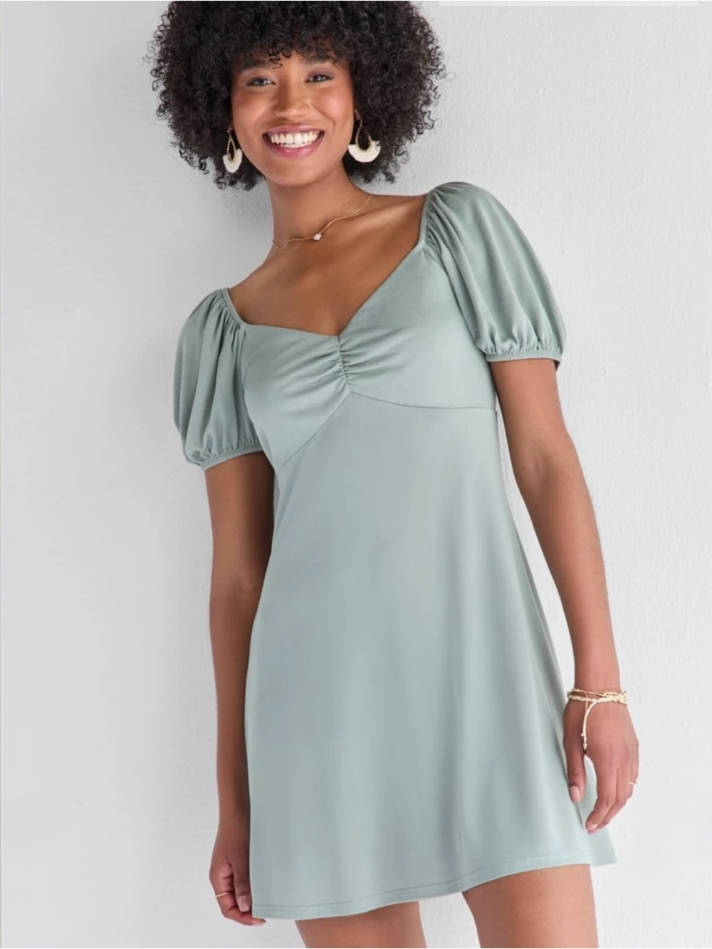 Francesca’s Jessie Cinch Front Cupro Mini Dress Light Green